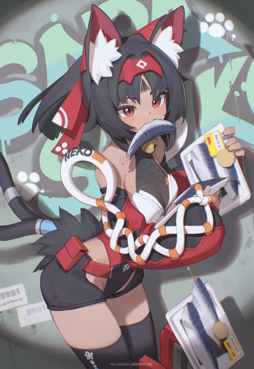 1girl absurdres animal_ear_fluff animal_ears bare_shoulders bell bilibili_xiaolu black_hair black_shorts black_thighhighs blush breasts detached_sleeves fish_(food) food_in_mouth graffiti highres jingle_bell leaning_forward long_sleeves medium_breasts multiple_tails neck_bell nekomiya_mana puffy_long_sleeves puffy_sleeves red_eyes short_shorts shorts solo tail thighhighs zenless_zone_zero