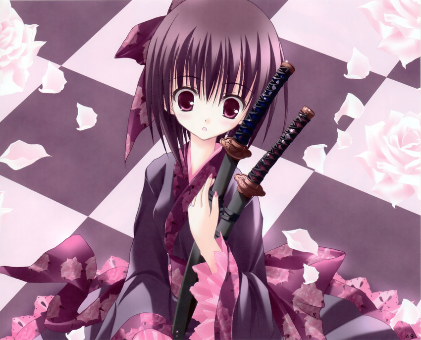 absurdres brown_hair duel_dolls flower highres japanese_clothes petals pink_eyes sheath sheathed solo sword tinker_bell weapon