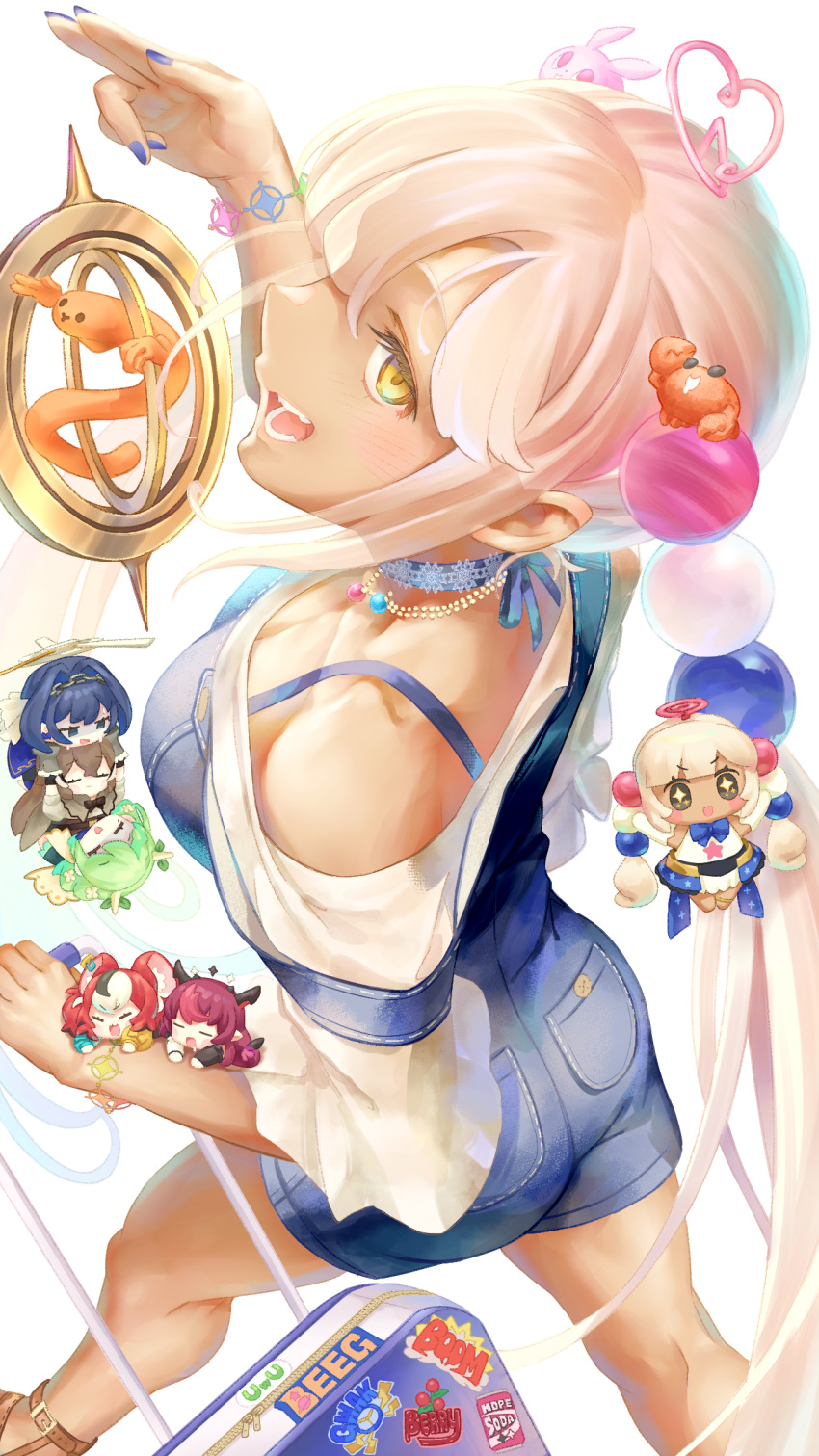 1girl 6+girls absurdres alternate_costume bare_shoulders blonde_hair blue_choker blue_overalls blush bracelet breasts ceres_fauna choker cleavage commentary dark-skinned_female dark_skin english_commentary from_above hair_ornament hakos_baelz highres holocouncil hololive hololive_english irys_(hololive) jewelry kaniko_(tsukumo_sana) large_breasts long_hair looking_at_viewer multiple_girls nanashi_mumei necklace ookami_mio ookami_mio_(5th_costume) ouro_kronii overall_shorts overalls planet_hair_ornament rolling_suitcase salute sandals shirt sidelocks sleeves_past_elbows smol_baelz smol_fauna smol_irys smol_kronii smol_mumei smol_sana suitcase tataki_tuna tsukumo_sana twintails two-finger_salute usaslug_(tsukumo_sana) very_long_hair virtual_youtuber white_shirt yatagarasu_(tsukumo_sana) yellow_eyes