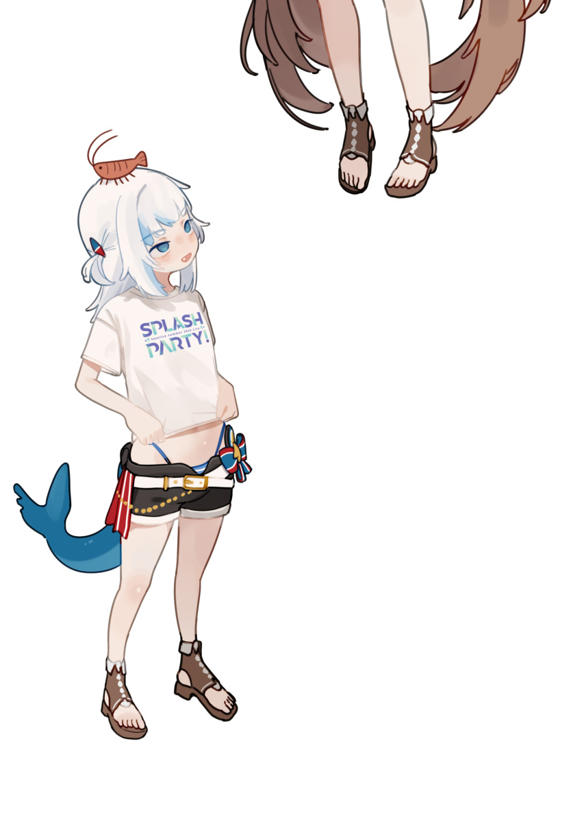 2girls bare_legs black_shorts blue_eyes blue_hair clothes_writing ebi-chan_(gawr_gura) fins fish_on_head fish_tail full_body gawr_gura hair_ornament highres hololive hololive_english hololive_summer_2023_swimsuit kani_fish long_hair looking_at_another midriff multicolored_hair multiple_girls nanashi_mumei official_alternate_costume open_mouth sandals shark_girl shark_tail shirt short_shorts short_sleeves shorts shrimp simple_background smile standing streaked_hair t-shirt tail toes two_side_up very_long_hair virtual_youtuber white_background white_hair white_shirt