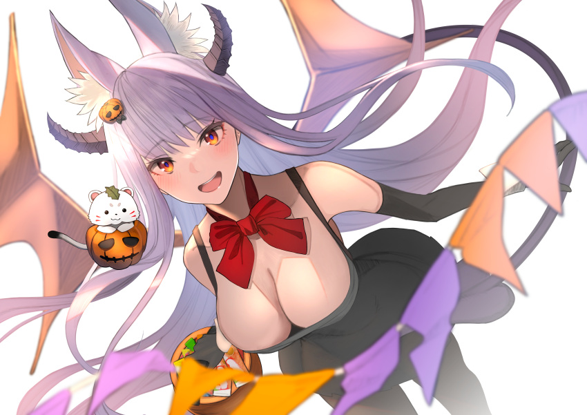 1girl :d absurdres animal_ear_fluff animal_ears bare_shoulders black_dress black_gloves blush bow breasts cleavage demon_horns demon_tail dress elbow_gloves fox_ears gloves hair_ornament halloween halloween_costume highres horns indie_virtual_youtuber jack-o'-lantern kamishiro_natsume kitsune large_breasts long_hair looking_at_viewer open_mouth orange_eyes purple_hair red_bow simple_background sleeveless sleeveless_dress smile solo tail teeth upper_teeth_only virtual_youtuber white_background wings yuuhi_(yuuvi83)