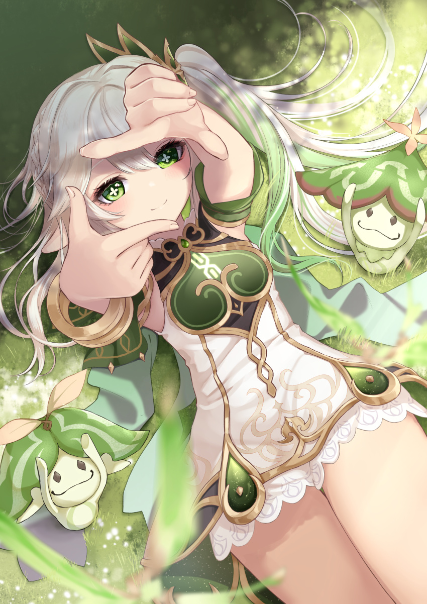 1girl absurdres aranara_(genshin_impact) bloomers bracelet braid cross-shaped_pupils detached_sleeves dress finger_frame genshin_impact gold_trim gradient_hair green_eyes green_hair hair_ornament highres jewelry leaf_hair_ornament lying multicolored_hair nahida_(genshin_impact) on_back pointy_ears sazanka side_ponytail smile solo symbol-shaped_pupils white_bloomers white_dress white_hair