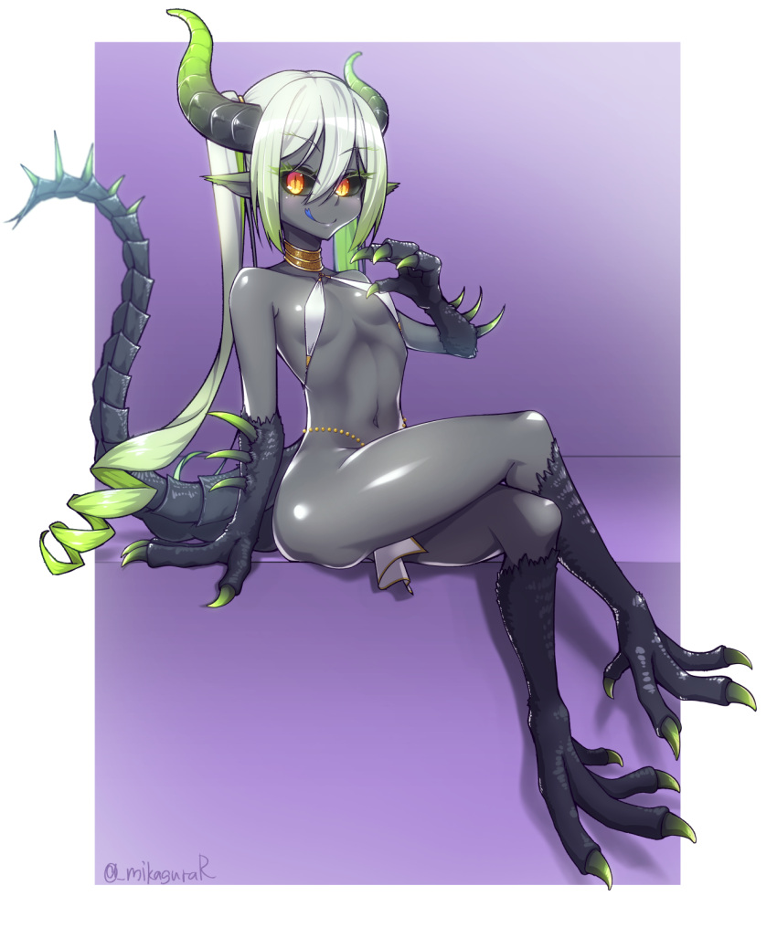 1girl animal_feet animal_hands black_sclera blue_tongue breasts claws closed_mouth colored_eyelashes colored_sclera colored_skin colored_tongue digitigrade drill_hair forked_tongue full_body green_hair green_horns grey_horns grey_skin halterneck hand_up highres horns jewelry long_hair looking_at_viewer mikagura monster_girl neck_ring original pelvic_curtain pointy_ears purple_background sidelocks simple_background sitting slit_pupils small_breasts smile solo tail tongue tongue_out twintails yellow_eyes