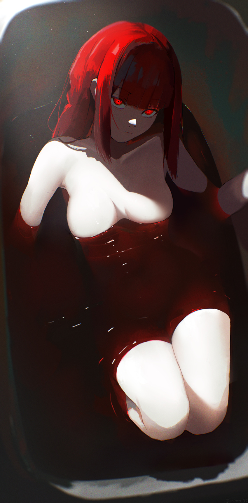 1girl absurdres bath bath_of_blood bathtub blood braid braided_ponytail breasts chainsaw_man closed_mouth completely_nude highres kikiis_art knees_up long_hair looking_at_viewer makima_(chainsaw_man) medium_breasts nude partially_submerged red_eyes red_hair ringed_eyes solo