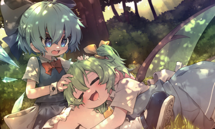 2girls blue_bow blue_dress blue_eyes blue_hair blue_skirt blue_vest blush bow cirno collared_shirt daiyousei day detached_wings dress fairy fairy_wings forest green_hair hair_between_eyes hair_bow ice ice_wings long_hair mr.turtle_head multiple_girls nature open_mouth shirt short_hair short_sleeves side_ponytail skirt smile touhou tree vest white_shirt wings wrist_cuffs