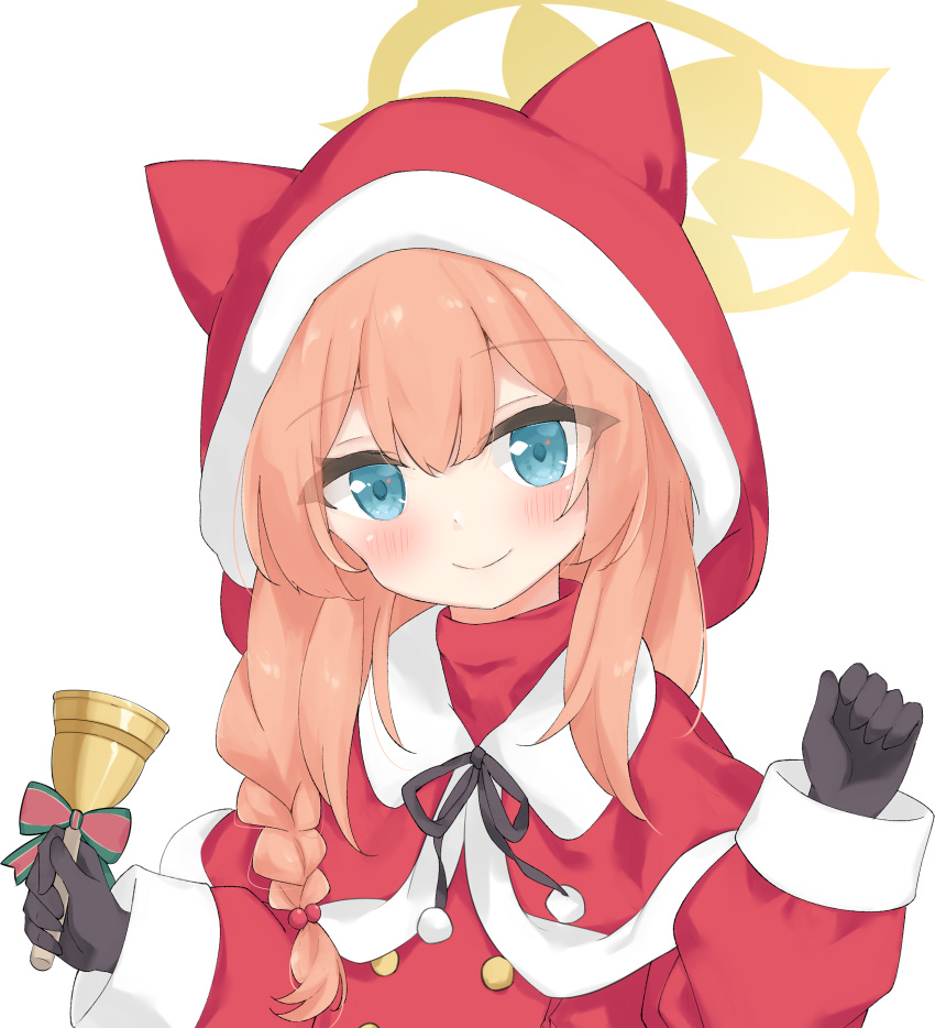 1girl absurdres alternate_costume animal_ears bell blue_archive blush braid cat_ears gloves hair_between_eyes halo hat highres k63sss looking_at_viewer mari_(blue_archive) medium_hair orange_hair portrait santa_costume santa_hat side_braid simple_background smile solo white_background