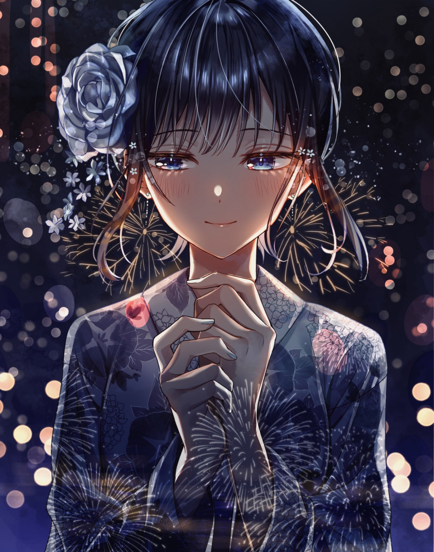 1girl black_background black_hair blue_background blue_eyes blue_kimono blurry blush bokeh closed_mouth commentary_request depth_of_field earrings fireworks floral_print_kimono gradient_background hands_up highres japanese_clothes jewelry kimono light_particles long_sleeves looking_to_the_side original sakura_(39ra) smile solo upper_body wide_sleeves