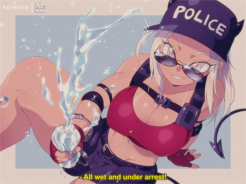 1990s_(style) 1girl belt black_belt blue_headwear blue_shorts bluethebone bottle breasts cleavage commentary demon_girl demon_tail english_commentary english_text fingerless_gloves gloves grey_eyes hat helltaker highres holding holding_bottle justice_(helltaker) large_breasts looking_at_viewer midriff patreon_username plastic_bottle red_gloves retro_artstyle short_hair shorts sitting smile solo subtitled sunglasses tail thighs water water_bottle white_hair