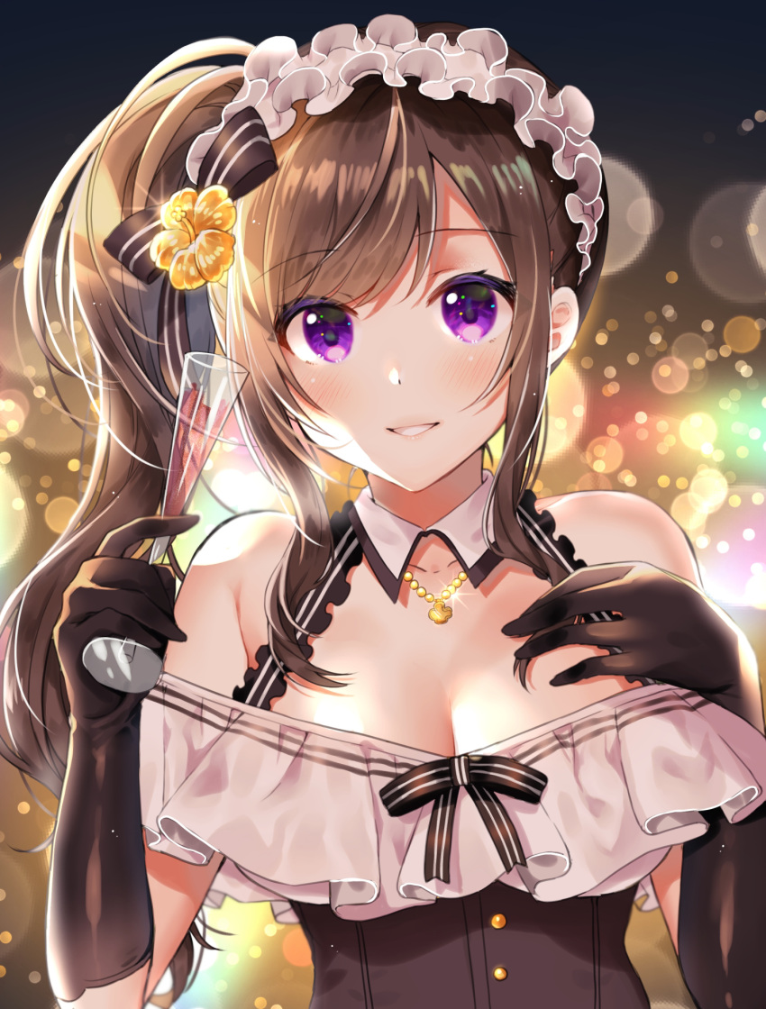 1girl alcohol black_bow black_corset black_gloves blush bow breasts champagne cleavage cocktail_glass corset cup d4dj dress drinking_glass elbow_gloves flower gloves gold_necklace hairband hand_on_own_chest hibiscus highres jewelry looking_at_viewer mizushima_marika necklace smile solo teeth white_dress white_hairband yam_(yamap_mako) yellow_flower