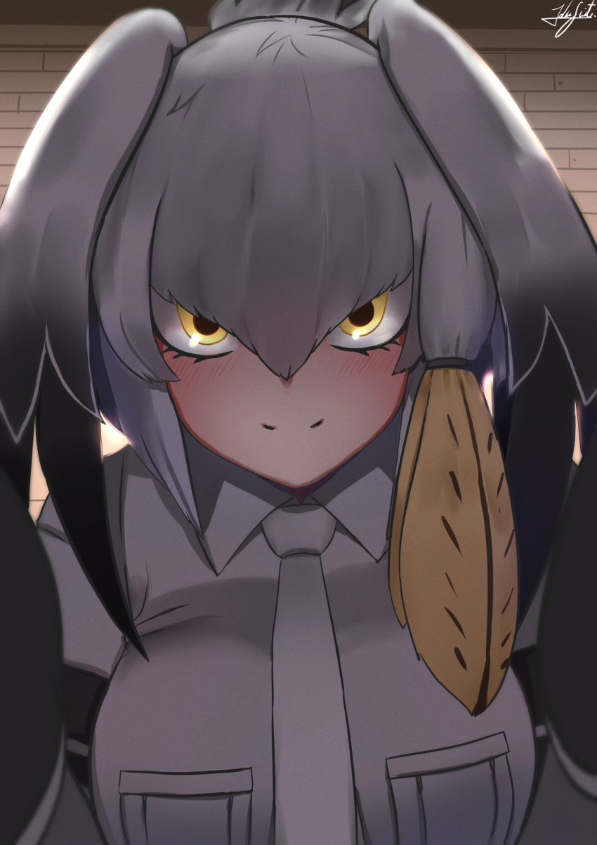 1girl black_gloves black_hair blush breasts closed_mouth collared_shirt duplicate gloves grey_hair grey_shirt hair_between_eyes head_wings highres john_(a2556349) kemono_friends kemono_friends_3 large_breasts long_hair looking_at_viewer meme multicolored_hair necktie pixel-perfect_duplicate pov reaching reaching_towards_viewer shirt shoebill_(kemono_friends) short_sleeves sidelocks solo wings