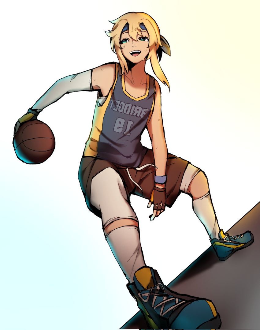 1boy alternate_costume aqua_eyes asymmetrical_gloves ball basketball basketball_jersey basketball_uniform black_gloves blonde_hair blush bridget_(guilty_gear) elbow_gloves fingerless_gloves gloves guilty_gear guilty_gear_strive gym_shorts highres holding holding_ball jacket male_focus medium_hair molina open_mouth otoko_no_ko playing_sports shorts smile sportswear white_gloves