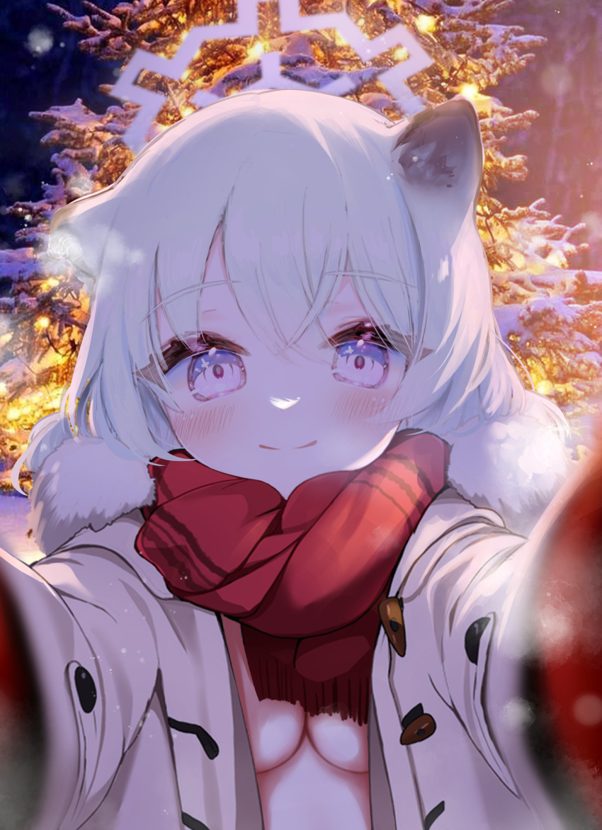 1girl absurdres animal_ears blue_archive blush breasts cleavage coat duffel_coat exhibitionism halo highres mang medium_breasts meme naked_coat outdoors pov_cheek_warming_(meme) public_indecency purple_hair reaching reaching_towards_viewer red_scarf scarf shigure_(blue_archive) smile solo upper_body weasel_ears white_coat