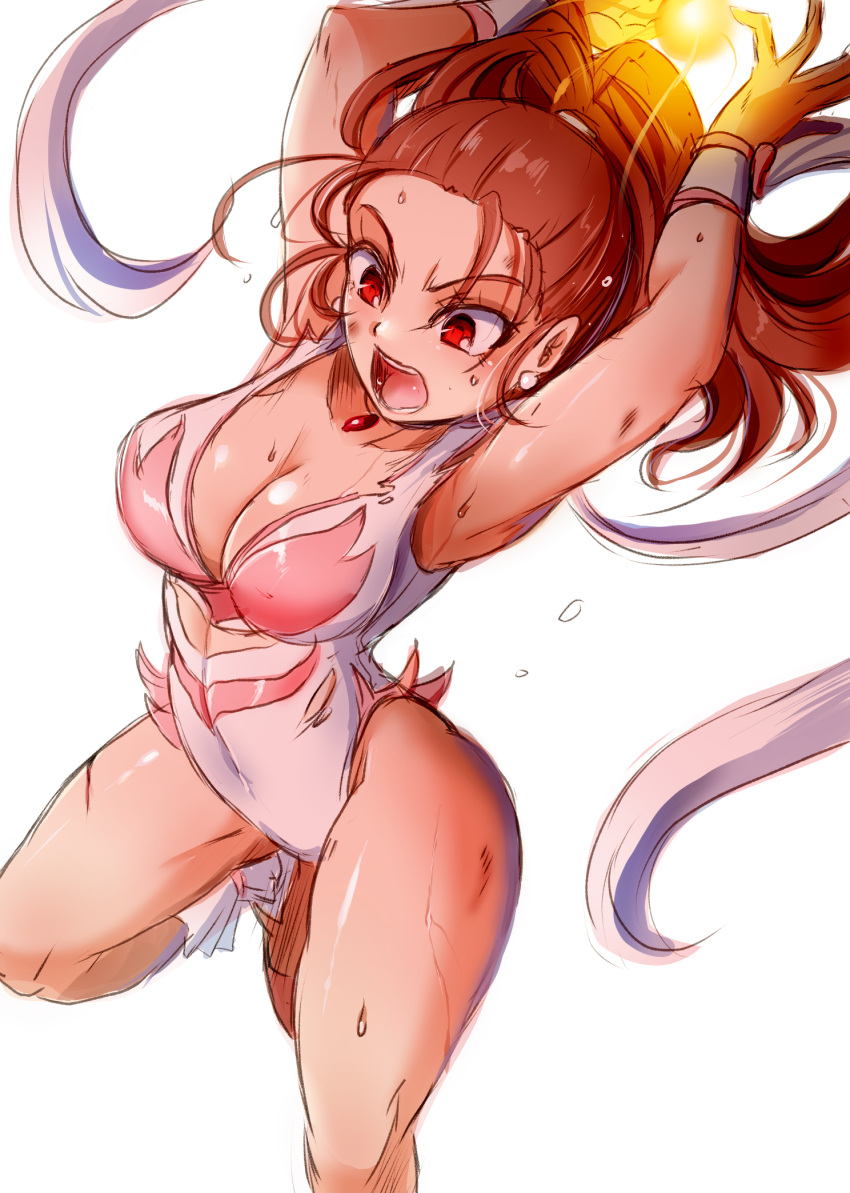 1girl angel_leotard barbara_(dq6) breasts brown_hair cleavage dragon_quest dragon_quest_vi high_ponytail highleg highleg_leotard highres leotard long_hair medium_breasts open_mouth ponytail red_eyes simple_background solo suga_leon white_background white_leotard white_wristband