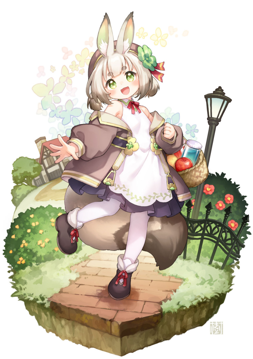 1girl :d animal_ear_fluff animal_ears bare_shoulders basket beret black_footwear black_hair black_skirt blush bow breasts brown_headwear brown_jacket clenched_hand clover collared_dress commentary_request dress faux_figurine fence flower four-leaf_clover full_body green_eyes hat head_tilt highres house jacket kito_(sorahate) lamppost light_brown_hair long_sleeves looking_at_viewer low_twintails multicolored_hair off_shoulder open_clothes open_jacket original pantyhose pleated_skirt puffy_long_sleeves puffy_sleeves rabbit_ears red_bow red_flower shoes short_eyebrows short_twintails skirt sleeveless sleeveless_dress small_breasts smile solo standing standing_on_one_leg thick_eyebrows twintails two-tone_hair white_background white_dress white_pantyhose