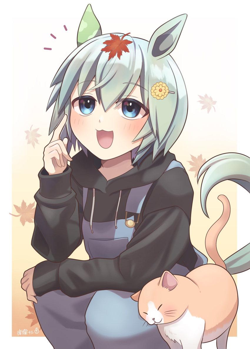 1girl :3 absurdres animal_ears autumn_leaves black_hoodie blue_eyes blue_overalls blush border cat commentary_request ear_covers gradient_background grey_hair hair_between_eyes hair_ornament hairclip highres hood hood_down hoodie horse_ears horse_girl horse_tail leaf leaf_background leaf_on_head long_sleeves nankanashi notice_lines open_mouth overalls pointing pointing_up seiun_sky_(umamusume) short_hair single_ear_cover smile solo squatting tail umamusume white_border