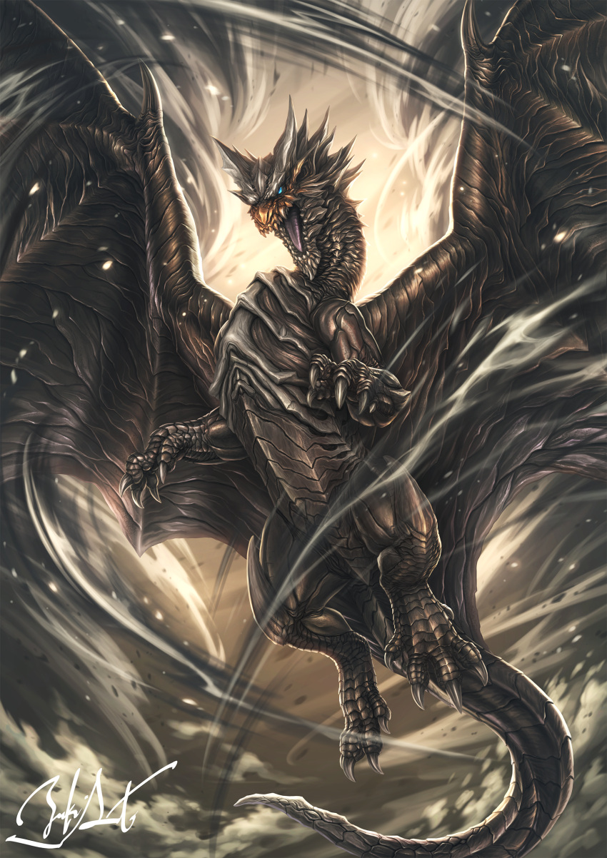 absurdres blue_eyes claws dragon flying highres horns kushala_daora monster monster_hunter_(series) no_humans open_mouth satoyuki signature tornado western_dragon wings wyvern