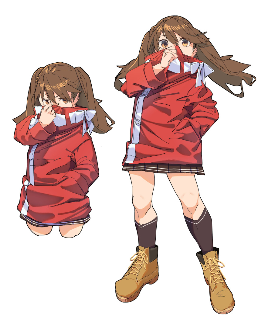 1girl absurdres adapted_costume brown_eyes brown_footwear brown_hair brown_skirt brown_socks covering_mouth cowboy_shot cropped_legs full_body hand_in_pocket highres jacket kantai_collection long_hair nanao_(aoyamahikari) pleated_skirt red_jacket ryuujou_(kancolle) simple_background skirt socks solo white_background