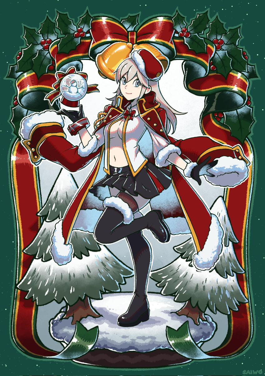 1girl alisa_ilinichina_amiella alternate_costume black_footwear black_gloves black_skirt blue_eyes boots bow breasts christmas fur-trimmed_boots fur-trimmed_gloves fur-trimmed_headwear fur-trimmed_jacket fur-trimmed_shirt fur_trim gloves god_eater grey_hair hat highres holly jacket jacket_on_shoulders large_breasts leg_up long_hair looking_at_viewer navel open_clothes open_jacket open_shirt pine_tree red_bow red_headwear red_jacket saiwo_(saiwoproject) shirt skirt snow_globe solo thigh_boots tree white_shirt