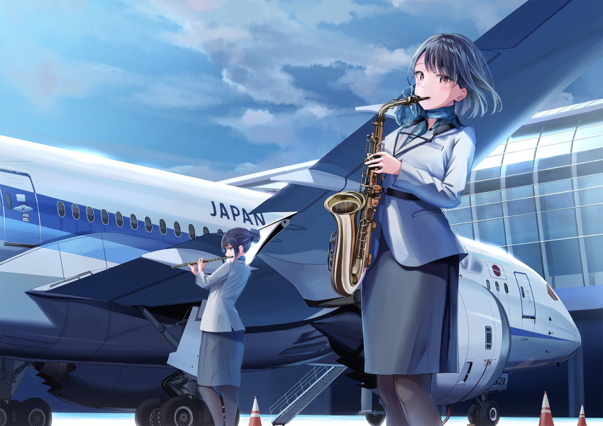 2girls aircraft airplane airport all_nippon_airways black_hair black_pantyhose black_skirt blue_sky brown_eyes cloud commentary_request day flight_attendant flute grey_jacket hair_bun highres instrument jacket long_sleeves multiple_girls music original outdoors pantyhose pencil_skirt playing_instrument png_pant_(bus) saxophone second-party_source short_hair single_hair_bun skirt sky stairs standing traffic_cone travel_attendant