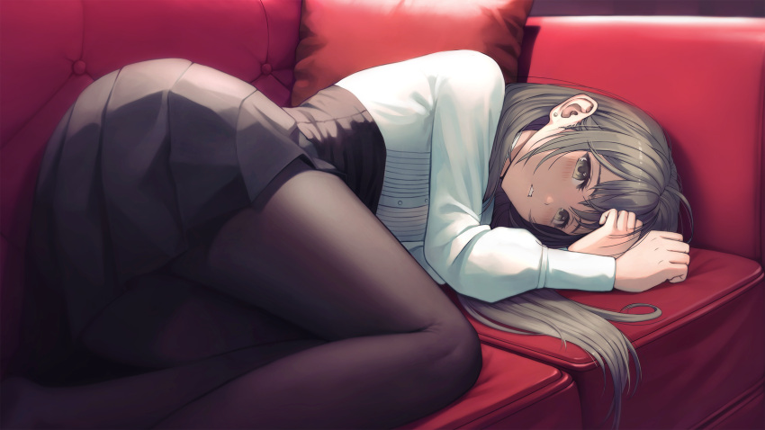 1girl ass black_pantyhose black_skirt couch feet_out_of_frame grey_eyes grey_hair hands_up high-waist_skirt highres jchoy long_hair long_sleeves looking_at_viewer lying on_couch on_side original pantyhose parted_lips pillow pleated_skirt puffy_long_sleeves puffy_sleeves shirt skirt solo white_shirt