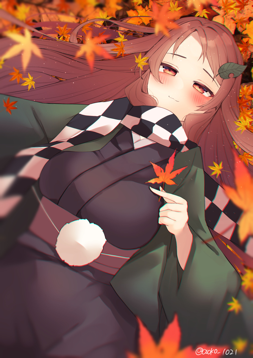 1girl :3 absurdres aoko_(myut7287) artist_name autumn autumn_leaves brown_hair brown_kimono checkered_clothes checkered_scarf closed_mouth dark_skin futatsuiwa_mamizou futatsuiwa_mamizou_(human) glasses green_kimono half-closed_eyes highres japanese_clothes kimono leaf leaf_on_head long_hair lying obi on_back outdoors petals raccoon_girl sash scarf smile solo touhou