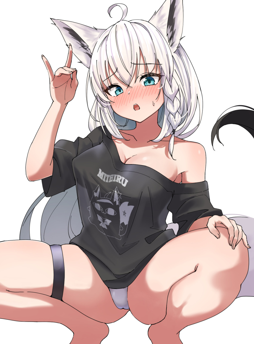 1girl ahoge animal_ear_fluff animal_ears arm_up ass barefoot black_shirt blue_eyes blush braid breasts cameltoe cleavage eru_(l_illust45) fox_ears fox_girl fox_shadow_puppet fox_tail highres hololive long_hair medium_breasts no_bra no_pants off_shoulder official_alternate_costume open_mouth panties ponytail see-through see-through_silhouette shadow_puppet shirakami_fubuki shirakami_fubuki_(7th_costume) shirt short_sleeves solo spread_legs squatting tail thigh_strap underwear very_long_hair virtual_youtuber white_hair white_panties