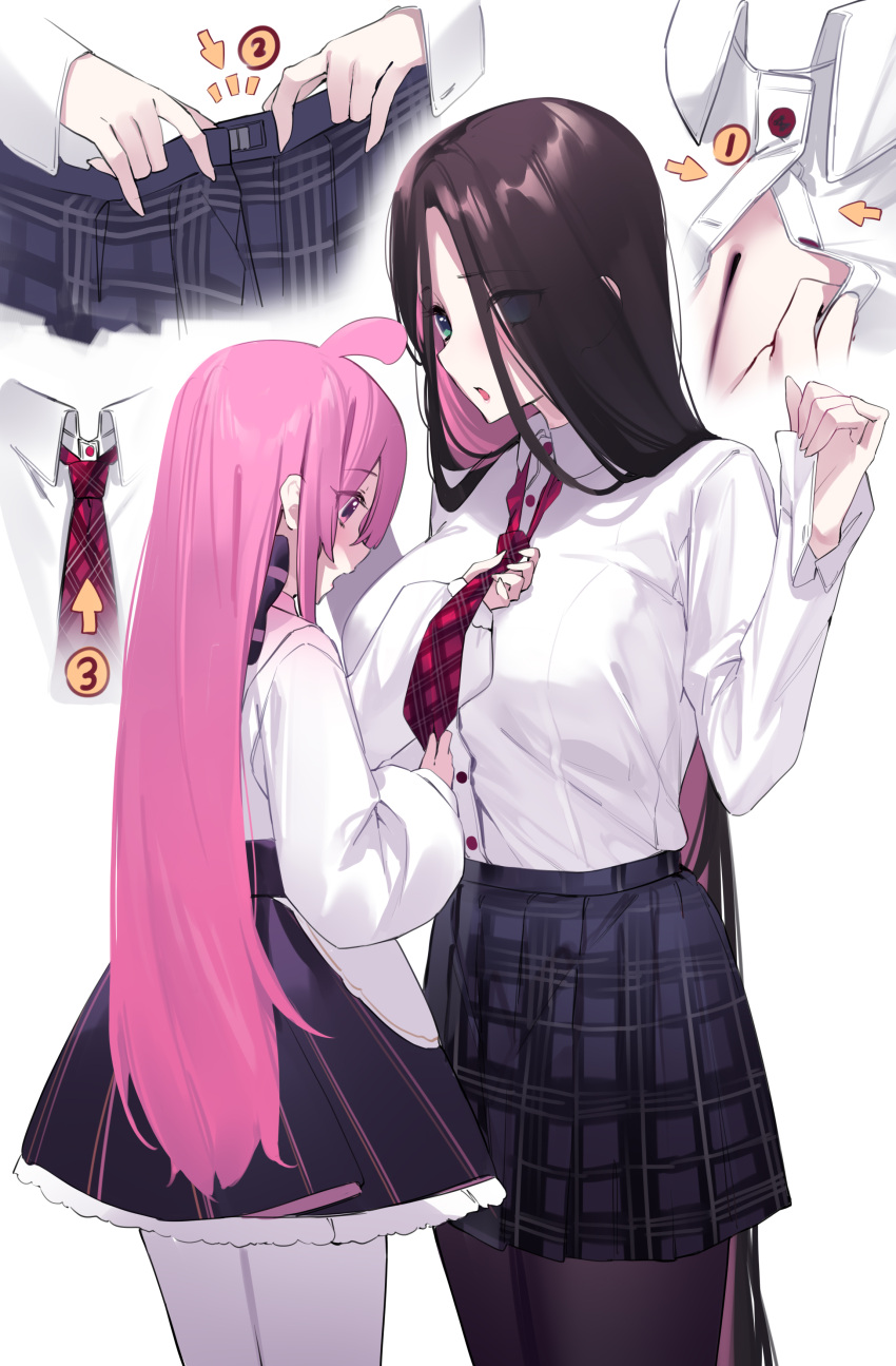 2girls absurdres adjusting_another's_clothes adjusting_clothes adjusting_necktie ako_ko_(yaguo) black_skirt blue_skirt breasts brown_hair collared_shirt eyes_visible_through_hair green_eyes height_difference highres large_breasts long_hair long_sleeves multiple_girls multiple_views necktie original pink_eyes pink_hair pity_(yaguo) plaid plaid_necktie plaid_skirt pleated_skirt red_necktie shirt simple_background skirt standing white_background white_shirt yaguo