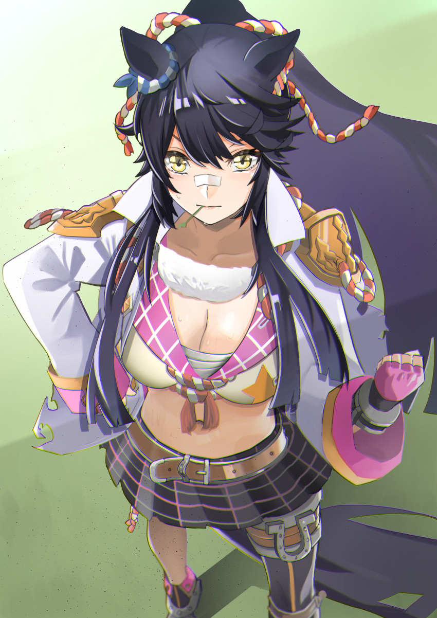 1girl absurdres bandaged_leg bandages bandaid bandaid_on_face bandaid_on_nose black_hair black_skirt boots breasts cleavage clenched_hand commentary_request ear_ornament fingerless_gloves fur-trimmed_collar fur_trim gloves highres jacket jitome_no_tsugumi large_breasts long_hair long_sleeves midriff mouth_hold narita_brian_(umamusume) navel open_clothes open_jacket pink_gloves plaid plaid_skirt rope shadow shimenawa simple_background single_thighhigh skirt solo stalk_in_mouth thighhighs umamusume very_long_hair white_jacket yellow_eyes