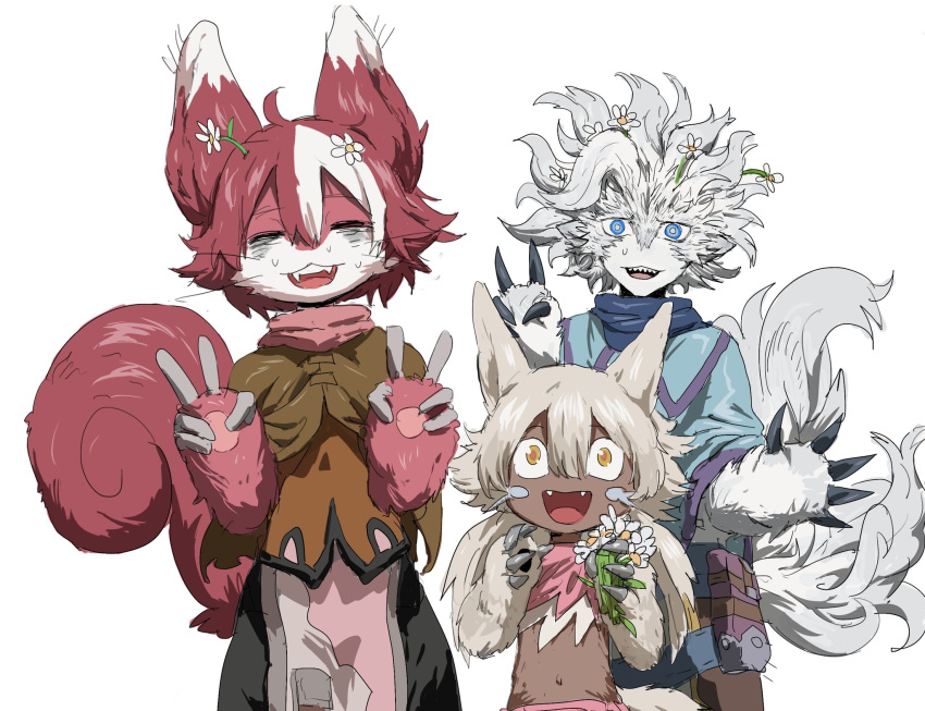 1boy 2girls :d ahoge bags_under_eyes belafu blonde_hair blue_eyes blue_scarf body_fur brown_capelet capelet chinese_commentary claws closed_eyes commentary_request cowboy_shot daisy double_v facing_viewer fangs flower furrification furry furry_female hair_flower hair_ornament hands_up highres holding holding_flower irumyuui low_twintails made_in_abyss medium_hair messy_hair multicolored_hair multiple_girls navel nervous_smile open_mouth red_fur red_hair scarf sharp_teeth short_hair simple_background smile squirrel_girl squirrel_tail standing sweat tail teeth twintails two-tone_hair v vueko whiskers white_background white_fur white_hair wide-eyed xiaopizi32439 yellow_eyes