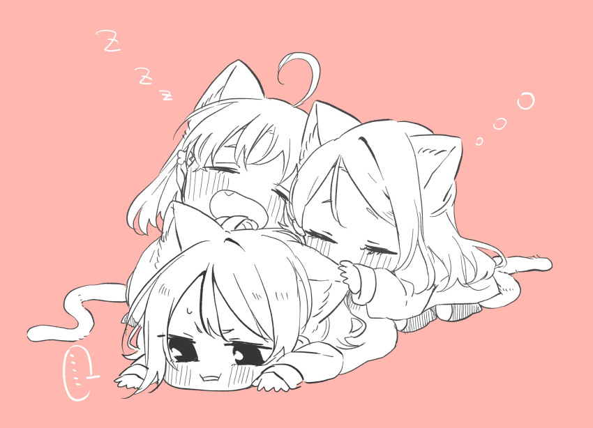 ... 3girls ahoge animal_ear_fluff animal_ears blush cat_ears cat_girl cat_tail chibi closed_mouth clover_hair_ornament commentary_request fang greyscale_with_colored_background hair_ornament half_updo hand_on_another's_ear highres kashikaze long_hair long_sleeves love_live! love_live!_sunshine!! medium_hair multiple_girls open_mouth parted_lips pink_background sakurauchi_riko short_hair simple_background spoken_ellipsis sweatdrop tail takami_chika watanabe_you zzz