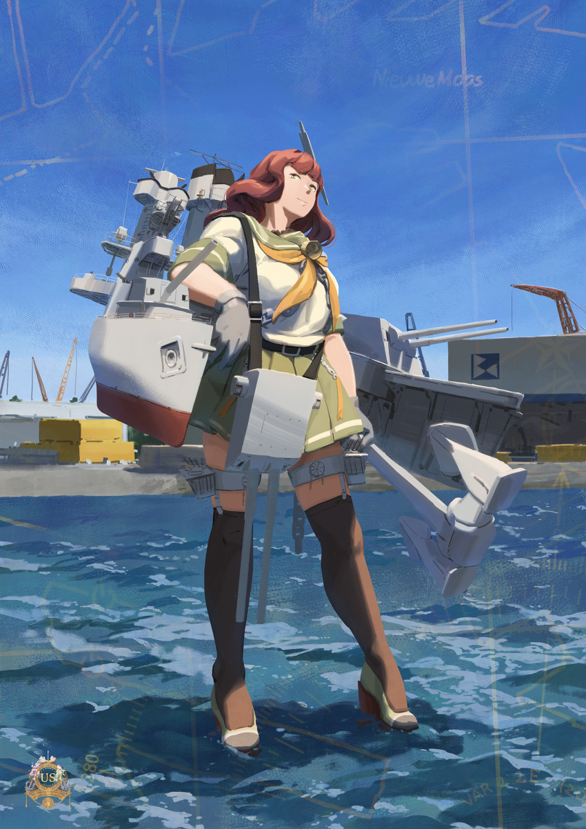 1girl absurdres aircraft_catapult anchor bell black_thighhighs blue_sky blunt_bangs braid brown_eyes cannon chain cloud day de_ruyter_(kancolle) garter_straps green_eyes green_sailor_collar green_skirt high_heels highres kantai_collection long_hair machinery neckerchief orange_neckerchief outdoors pleated_skirt rudder_footwear sailor_collar sailor_shirt school_uniform serafuku shirt side_braid skirt sky solo standing standing_on_liquid thighhighs turret wavy_hair ye_fan