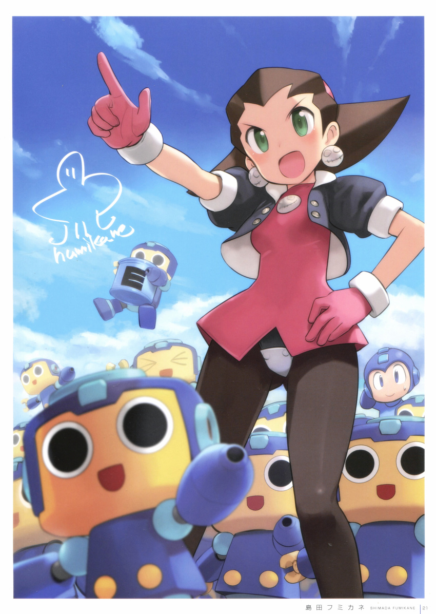 1boy 1girl absurdres arm_cannon artist_name blue_sky blush breasts brown_hair buttons cloud cloudy_sky day dress earrings gloves green_eyes hairband hand_on_own_hip helmet highres holding index_finger_raised jewelry long_hair mega_man_(character) mega_man_(classic) mega_man_(series) mega_man_legends official_art open_mouth outdoors page_number pantyhose pink_gloves pink_hairband pointing puffy_short_sleeves puffy_sleeves robot scan servbot_(mega_man) shimada_fumikane short_dress short_sleeves signature simple_background skin_tight sky small_breasts smile the_misadventures_of_tron_bonne tron_bonne_(mega_man) weapon