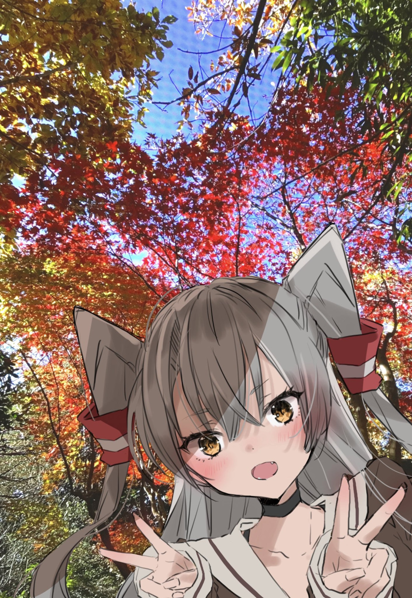 1girl amatsukaze_(kancolle) autumn_leaves black_choker blue_sky brown_dress brown_eyes chigasaki_yukari choker double_v dress foliage grey_hair hair_tubes highres kantai_collection long_hair looking_at_viewer open_mouth photo_background sailor_collar sailor_dress sky solo two_side_up upper_body v white_sailor_collar