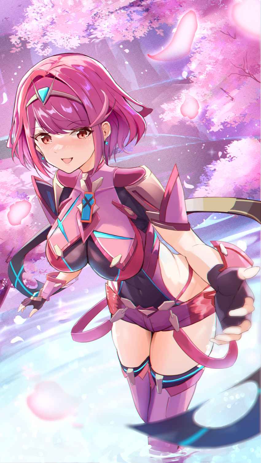 1girl :d absurdres armor backless_outfit blush breasts cherry_blossoms core_crystal_(xenoblade) covered_navel drop_earrings earrings falling_petals fingerless_gloves gloves highres jewelry karuushi large_breasts looking_at_viewer petals pyra_(xenoblade) reaching reaching_towards_viewer red_eyes red_hair red_shorts short_hair short_shorts shorts shoulder_armor smile solo swept_bangs tears thighhighs tiara wading water xenoblade_chronicles_(series) xenoblade_chronicles_2