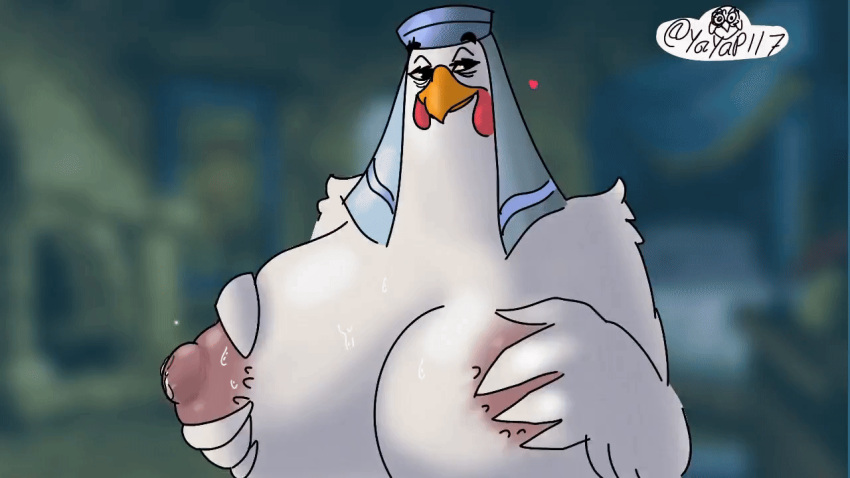 animated avian big_breasts bodily_fluids breast_milking breasts disney elelite female humanoid lactating lady_kluck mature_female milk nipples robin_hood_(disney) short_playtime simple_background solo thick_thighs
