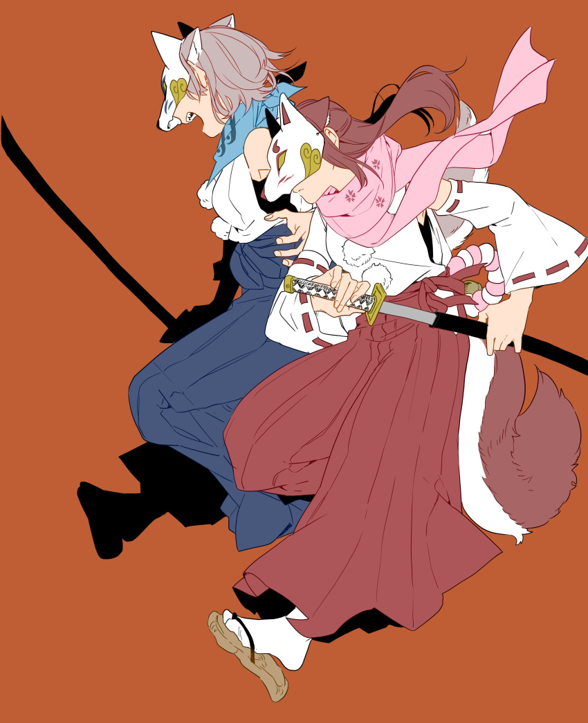 2girls absurdres animal_ear_fluff animal_ears blue_skirt closed_mouth detached_sleeves drawing_sword floating_hair fox_ears fox_girl fox_mask fox_tail grey_hair hakama hakama_skirt highres holding holding_sword holding_weapon japanese_clothes kashikaze katana kemonomimi_mode long_hair love_live! love_live!_sunshine!! mask multiple_girls open_mouth orange_background pleated_skirt red_hair red_skirt sakurauchi_riko scarf shirt short_hair simple_background skirt sleeveless socks sword tail teeth upper_teeth_only watanabe_you weapon white_shirt white_socks wide_sleeves yellow_scarf zouri