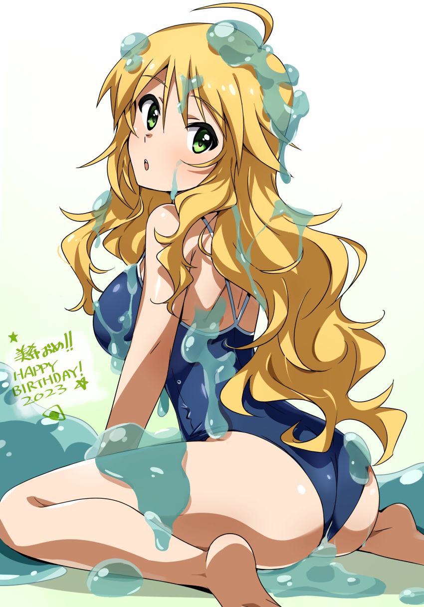 1girl :o absurdres ahoge ass bare_shoulders barefoot blonde_hair blush breasts green_eyes highres hoshii_miki idolmaster idolmaster_(classic) large_breasts liquid long_hair looking_at_viewer looking_back one-piece_swimsuit open_mouth school_swimsuit sitting slime_(substance) solo swimsuit thighs tokiani wariza