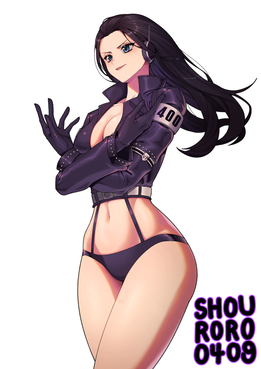 1girl artist_name bikini black_bikini black_border black_gloves black_hair black_jacket border breasts cleavage crop_top ear_covers gloves highres jacket large_breasts lips long_hair long_sleeves midriff navel nico_robin one_piece parted_lips shouroro solo standing studded studded_sleeves swimsuit thighhighs thighs