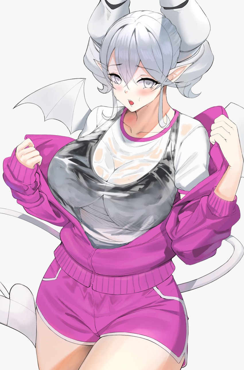 1girl absurdres blush breasts cleavage demon_girl demon_horns demon_wings duel_monster grey_eyes highres horns jacket large_breasts long_sleeves looking_at_viewer lovely_labrynth_of_the_silver_castle low_wings open_clothes open_jacket pointy_ears sayaka_ikku shirt short_hair solo sports_bra track_jacket twintails wet wet_clothes wet_shirt white_hair wings yu-gi-oh!