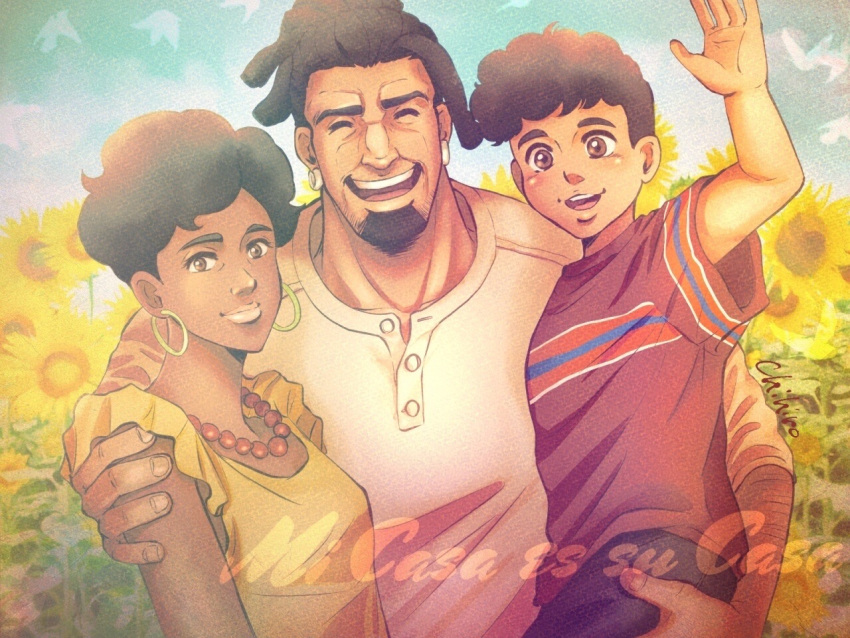 1girl 2boys aged_down arm_around_shoulder artist_name bead_necklace beads beard brown_eyes chief_(megalo_box) chihiro_(jnkch6) child closed_eyes dark-skinned_female dark-skinned_male dark_skin day dreadlocks dress earrings facial_hair facing_viewer family flower hoop_earrings jewelry looking_at_viewer marla_(megalo_box) megalo_box mio_(megalo_box) multiple_boys necklace outdoors red_shirt shirt short_hair spanish_text sunflower white_shirt yellow_dress
