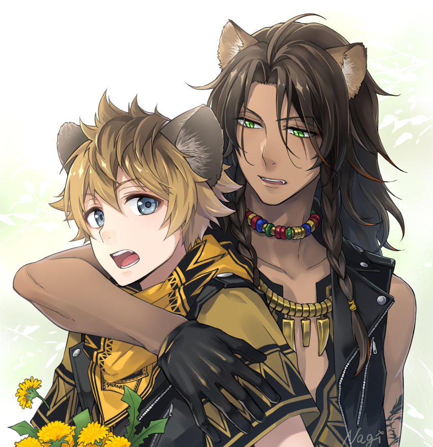 2boys animal_ear_fluff animal_ears arm_around_shoulder artist_name bandana black_gloves black_hair black_jacket blonde_hair blue_eyes braid brown_shirt collarbone commentary_request dandelion dark-skinned_male dark_skin fangs flower gloves gold_necklace green_background green_eyes hair_between_eyes highres jacket jewelry lapels leona_kingscholar lion_ears long_hair male_focus multicolored_hair multiple_boys nagiayase necklace open_clothes open_jacket open_mouth orange_bandana parted_bangs red_hair ruggie_bucchi scar scar_across_eye shirt short_hair short_sleeves side_braids sidelocks simple_background sleeveless sleeveless_jacket sleeveless_shirt streaked_hair teeth tongue tooth_necklace twin_braids twisted_wonderland upper_body upper_teeth_only white_background yellow_flower zipper zipper_pull_tab