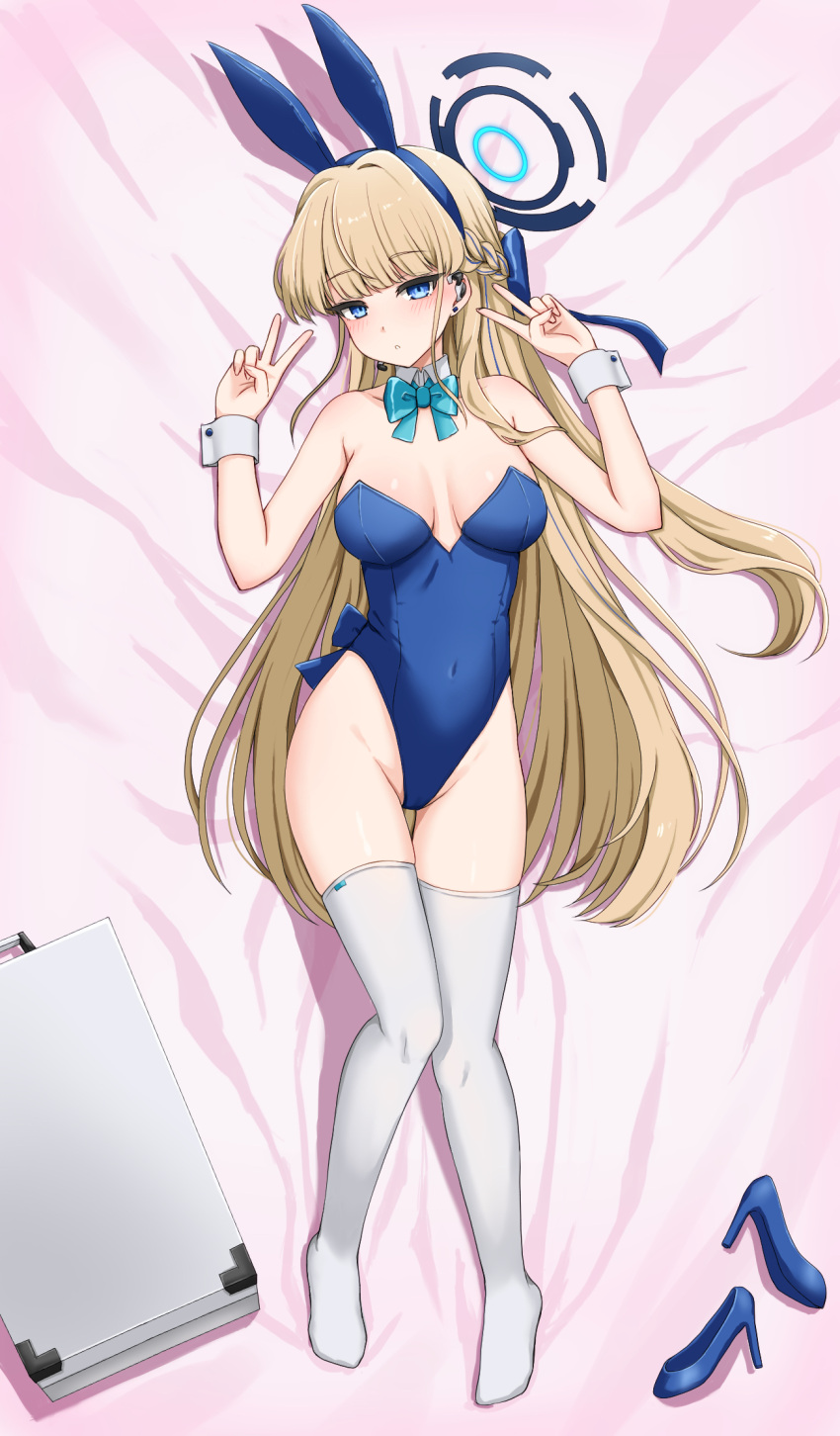 1girl animal_ears bare_shoulders blonde_hair blue_archive blue_bow blue_bowtie blue_eyes blue_leotard bow bowtie braid breasts briefcase cleavage covered_navel dakimakura_(medium) detached_collar double_v fake_animal_ears full_body hair_bow halo high_heels highres leotard long_hair looking_at_viewer lying medium_breasts multicolored_hair official_alternate_costume on_back on_bed playboy_bunny rabbit_ears shoes streaked_hair thighhighs toki_(blue_archive) toki_(bunny)_(blue_archive) umeshiba_(eleventhdolls) unworn_shoes v white_thighhighs wrist_cuffs