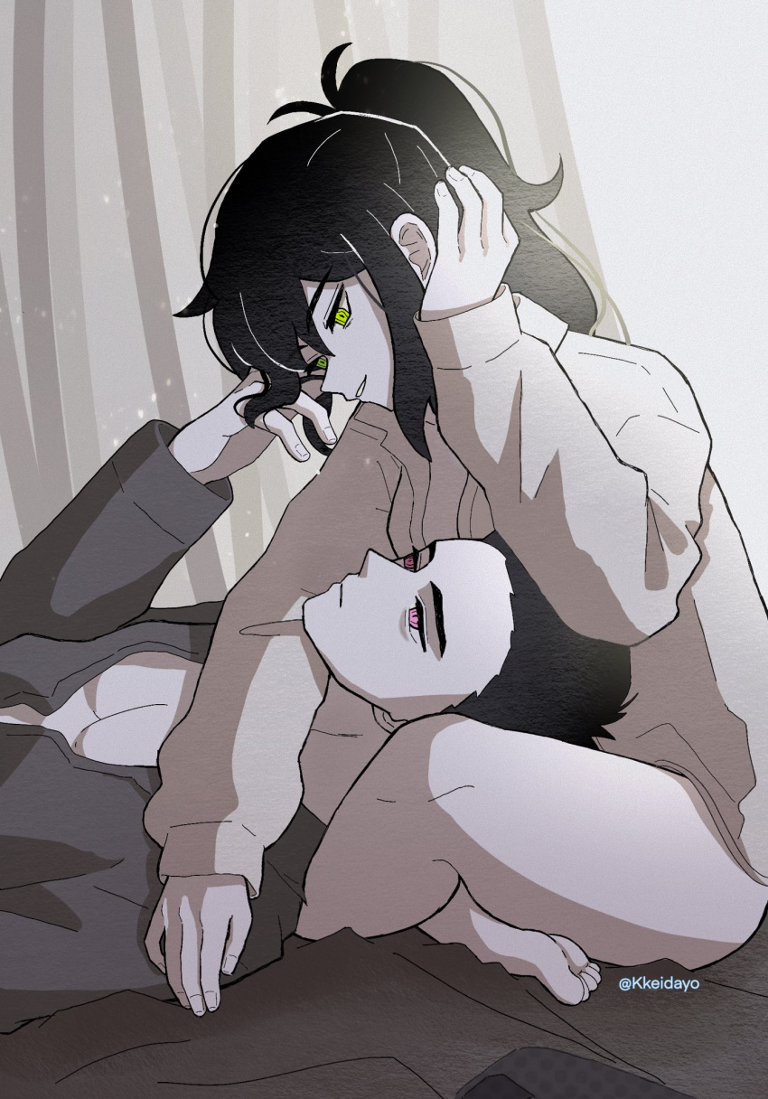 1boy 1girl barefoot bed_sheet black_hair bottomless closed_mouth curtains father_(the_coffin_of_andy_and_leyley) green_eyes grey_shirt hand_in_another's_hair head_rest highres kkeidayo lap_pillow light_smile long_hair long_sleeves looking_at_another looking_down looking_up lying mother_(the_coffin_of_andy_and_leyley) muted_color on_back open_clothes open_shirt parted_lips pink_eyes ponytail shirt short_hair sitting the_coffin_of_andy_and_leyley twitter_username white_shirt