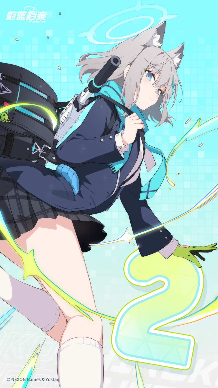 1girl animal_ear_fluff animal_ears assault_rifle backpack bag black_jacket black_skirt blue_archive blue_eyes blush chinese_commentary chinese_text closed_mouth countdown gloves green_gloves grey_hair gun halo highres holding jacket long_sleeves looking_at_viewer official_art open_clothes open_jacket rifle scarf school_uniform shiroko_(blue_archive) shirt shoulder_bag sig_556 single_glove skirt solo weapon weapon_on_back white_shirt wolf_ears you_guo_chaocai