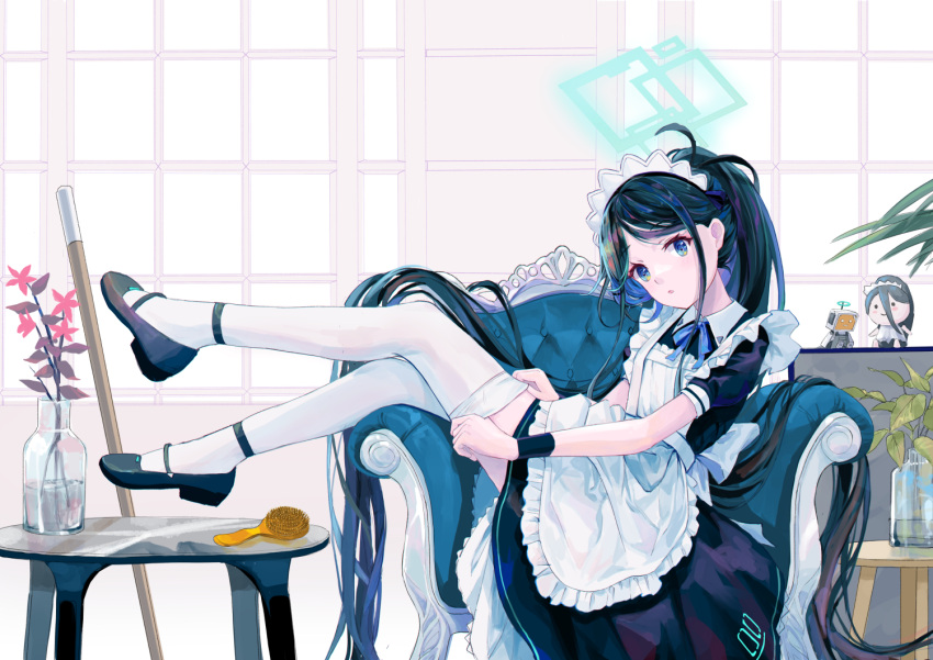 1girl absurdly_long_hair adjusting_clothes adjusting_legwear apron aris_(blue_archive) aris_(maid)_(blue_archive) black_dress black_hair black_wristband blue_archive blue_eyes blue_theme blush commentary_request crossed_legs dress forest_0 frilled_apron frilled_dress frills from_side full_body highleg indoors legs_up long_hair looking_at_viewer maid_apron maid_headdress on_chair open_mouth pale_skin ponytail short_sleeves sitting sitting_sideways solo staring thighhighs very_long_hair white_apron