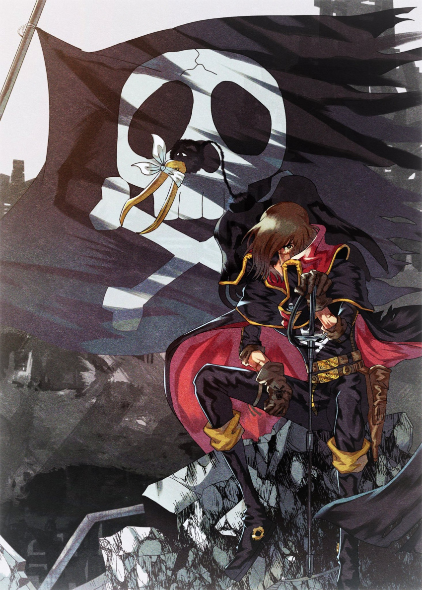 1970s_(style) 1boy belt bird black_footwear black_jacket black_pants boots bright_pupils brown_belt brown_eyes brown_gloves brown_hair cape covered_mouth eyepatch floating_cape gloves hand_on_hilt harlock harlock_saga high_collar highres holster jacket jolly_roger looking_at_viewer male_focus marker_(medium) medium_hair pants pirate planted planted_sword retro_artstyle scar scar_on_face sitting skull_and_crossbones skull_print sleeves_rolled_up slllle1 solo sword torn_cape torn_clothes traditional_media two-sided_cape two-sided_fabric uchuu_kaizoku_captain_harlock weapon white_pupils