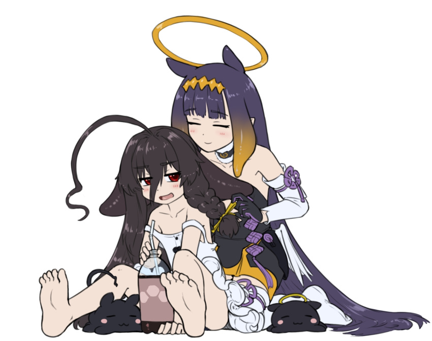 2girls absurdly_long_hair ahoge alloyrabbit azur_lane bare_shoulders barefoot behind_another bendy_straw black_dress black_hair blush bow closed_eyes closed_mouth cola collarbone crossover dress dress_slip drinking_straw english_commentary feathered_wings feet gradient_hair hair_between_eyes hair_bow halo highres hololive hololive_english huge_ahoge jitome kneeling long_hair looking_at_another low_wings multicolored_hair multiple_girls ninomae_ina'nis ninomae_ina'nis_(1st_costume) open_mouth orange_hair pointy_ears red_eyes simple_background sitting smile soda soda_bottle soles takodachi_(ninomae_ina'nis) tentacle_hair thighhighs toes trait_connection tying_hair very_long_hair white_background white_dress white_thighhighs white_wings whydah_(azur_lane) whydah_(lazy_pirate_angel)_(azur_lane) wings yellow_bow