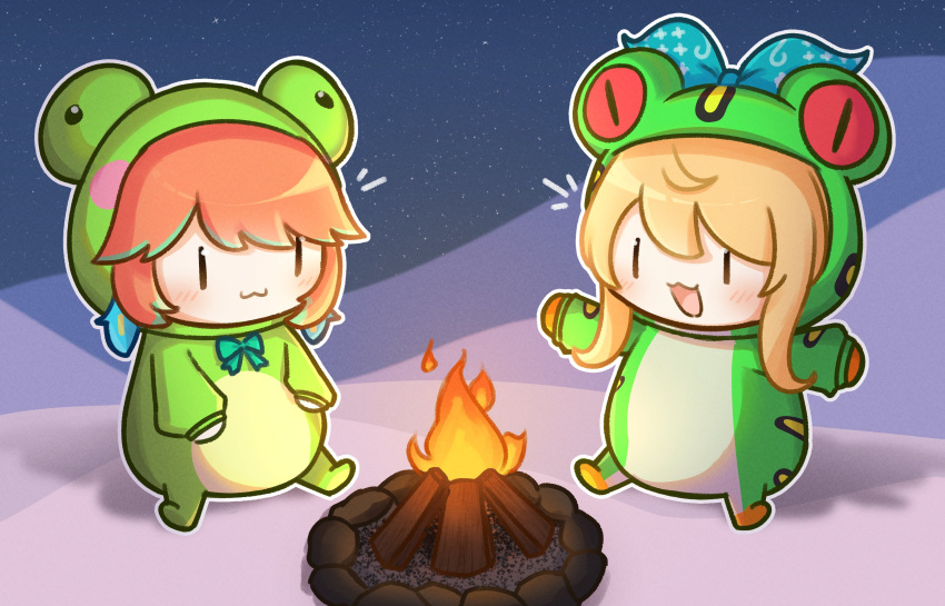 2girls absurdres alternate_costume alternate_form animal_costume blonde_hair bow campfire chibi earrings feather_earrings feathers frog frog_costume frogiwawa highres hololive hololive_english jewelry moon_ldl multiple_girls nijisanji nijisanji_en open_mouth orange_hair pomu_rainpuff smile takanashi_kiara virtual_youtuber