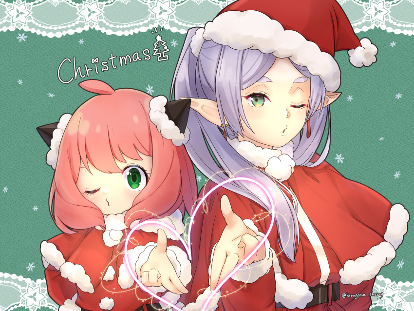 2girls absurdres anya_(spy_x_family) blowing_kiss child christmas crossover drop_earrings earrings elf frieren fur-trimmed_headwear fur_trim green_eyes hairpods hat highres hiragana_sherry jewelry long_hair long_sleeves merry_christmas multiple_girls one_eye_closed open_mouth parted_bangs pink_hair pointy_ears puckered_lips red_headwear santa_costume santa_hat sousou_no_frieren spy_x_family tanezaki_atsumi twintails voice_actor_connection white_hair