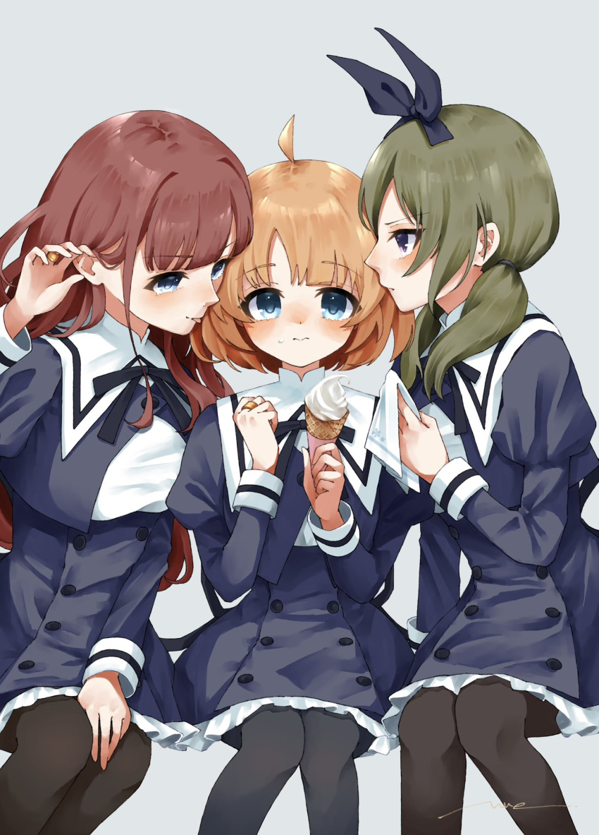 3girls ahoge amahara_nue arm_at_side arm_up artist_name assault_lily black_bow black_pantyhose black_ribbon black_skirt blue_eyes blunt_bangs blush bow breasts brown_hair closed_mouth commentary cropped_jacket feet_out_of_frame food food_on_face frilled_skirt frills futagawa_fumi girl_sandwich grey_background hair_bow hair_tucking hand_on_lap hand_up handkerchief hands_up heads_together high-waist_skirt highres holding holding_food holding_handkerchief holding_ice_cream ice_cream ice_cream_cone ice_cream_on_face invisible_chair jewelry juliet_sleeves kaede_johan_nouvel knees_together_feet_apart light_smile long_hair long_sleeves looking_at_another looking_at_viewer low_twintails medium_breasts miniskirt multiple_girls neck_ribbon pantyhose profile puffy_sleeves purple_eyes ribbon ring sandwiched school_uniform shirt short_hair side-by-side signature simple_background sitting skirt tongue tongue_out tongue_up twintails v-shaped_eyebrows wavy_hair white_shirt yamanashi_hibari yuri yurigaoka_girls_academy_school_uniform